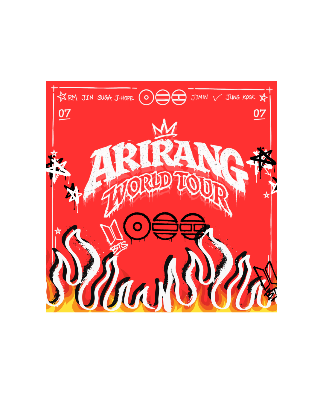 Red square bandana scarf with white graffiti Arirang World Tour design, flames, crown and member names, BTS inspired merch"