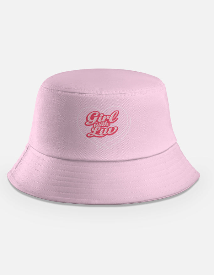 Light baby pink bucket hat with Girl With Luv heart design, BTS inspired kpop merch