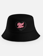 Black bucket hat with retro pink Girl With Luv text inside a heart outline, inspired by BTS Boy With Luv