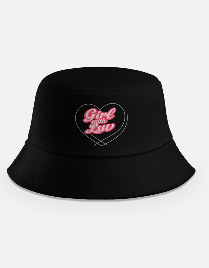 Black bucket hat with retro pink Girl With Luv text inside a heart outline, inspired by BTS Boy With Luv